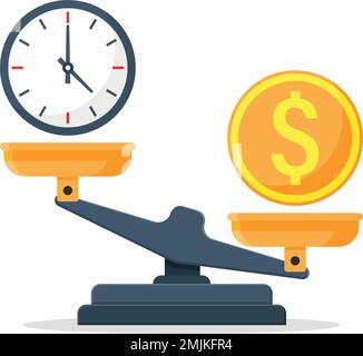 Time vs money on scales in flat style. Weight balance vector illustration on isolated background. Equilibrium comparison sign business concept. Stock Vector