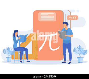 School and preschool lessons subjects illustration set. Characters in school classes learning mathematics, physics and chemistry with books. Education Stock Vector