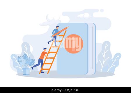 User manual illustration. People characters reading and writing privacy policy and terms and conditions for guide instruction or manual book. Flat vec Stock Vector
