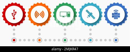 Technology vector icons, communication flat design web badges collection, business infographic template Stock Vector