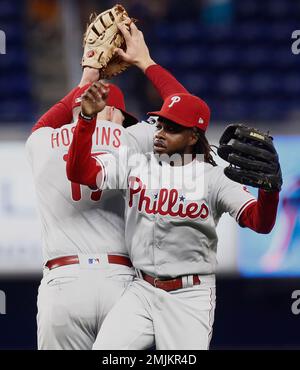 June 4, 2019: Miami Marlins left fielder Garrett Cooper #26 is  congratulated after hitting a home run in the 3rd inning of the Major  League Baseball game between the Milwaukee Brewers and