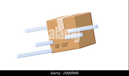 3D vector cardboard box icon flying fast in the air with speed tracks, isolated Stock Vector