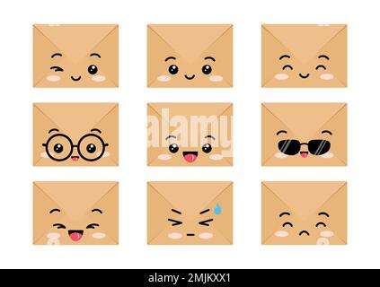 Craft envelopes cute kawaii character set happy smiling emoticons. Stock Vector
