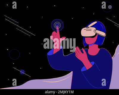The concept of virtual reality technology. Female uses VR glasses. Retro style. Stock Vector