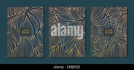 Vector japanese leaves art deco patterns. Floral golden elements template in vintage style. Luxury black line covers, flyers, brochures, packaging Stock Vector