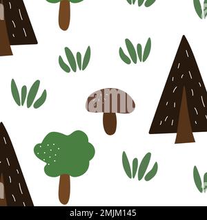 Natural trees doodle pattern in summer style with mushrooms and grass. Stock Vector
