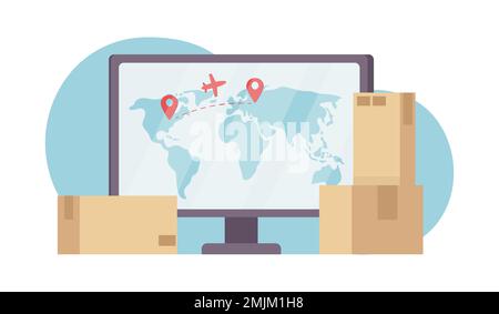 Tracking air cargo delivery with computer flat concept vector illustration Stock Vector