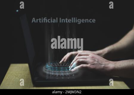 Artificial intelligence hologram on PC keyboard. AI versus Human being concept Stock Photo