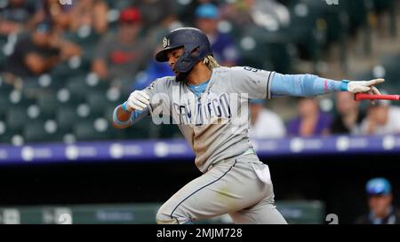 San Diego Padres right fielder Fernando Tatis Jr. (23) in the eighth inning  of a baseball game Saturday, June 10, 2023, in Denver. (AP Photo/David  Zalubowski Stock Photo - Alamy