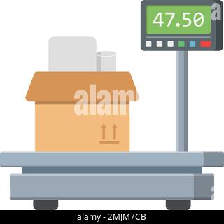 Electronic weight scale for cargo in flat style. Cardboard measuring vector illustration on isolated background. Equilibrium comparison sign business Stock Vector
