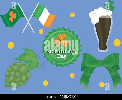 a set for saint patricks day includes crossed flags, bottle cap, glass of beer, hop and green ribbon Stock Vector