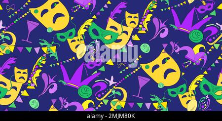 Colourful hand drawn doodle Mardi Gras symbols. Carnival Party seamless pattern. Masquerade ornament. Holiday Mardi Gras party. Design for Carnival, M Stock Vector