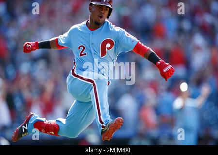 Philadelphia Phillies' Jean Segura celebrates after a home run during a  baseball game, Wednesday, Sept. 7, 2022, in Philadelphia. (AP Photo/Matt  Slocum Stock Photo - Alamy