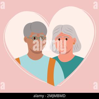 Couple Of Elders, Old Men In Love, Portrait In Heart Multicultural Vector Illustration In Flat Style Stock Vector