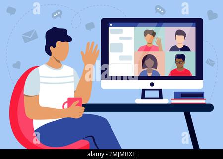 Concept Of Work Meeting. Distant Work, Business, IT Technology Vector Illustration In Flat Style Stock Vector