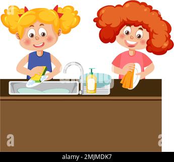 Two kids washing dishes together illustration Stock Vector