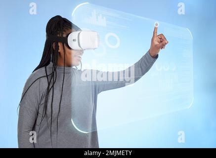 Vr, augmented reality and digital with black woman and 3d hologram for future, cyber and metaverse. Media, ui and technology with girl and headset for Stock Photo