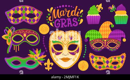 Mardi gras set carnival party elements. Fat tuesday, carnival, festival. Greeting card, banner, gift packaging, poster Stock Vector