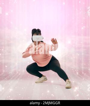 Virtual reality, cyber gaming and woman fight in augmented reality, futuristic ai metaverse or future warrior battle. Martial arts game, ninja fantasy Stock Photo