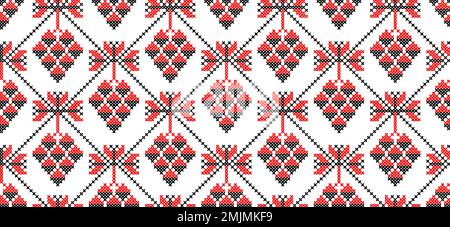 Grape branch vector seamless pattern. Ukrainian traditional embroidery of grape pattern in red and black colors. Pixel art, vyshyvanka, cross stitch Stock Vector