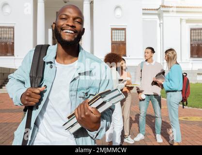 Portrait, black man and students on campus, outdoor and conversation for knowledge, growth and learning. African American male, student and academics Stock Photo