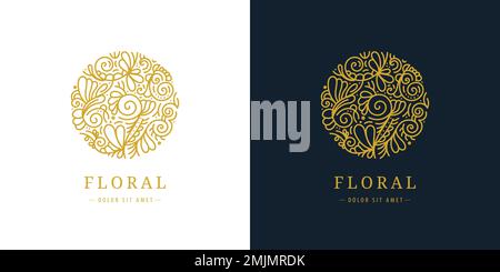 Vector linear plant logo. Circle luxury organic emblem. Abstract badge for natural products, flower shop, cosmetics, ecology concepts, health, spa Stock Vector