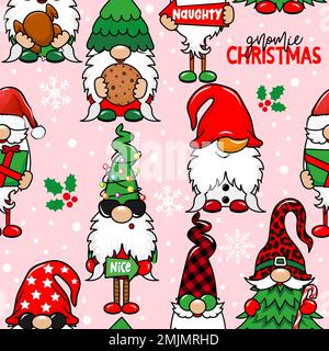 Garden gnomes, gnomie Merry Christmas - funny drawing seamless pattern. wallpaper, wrapping paper. Merry Christmas and Happy New Year. Stock Vector