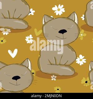 Seamless pattern with cute kitten print. Different scandy cats on color background. Scandinavian style illustration for kids. Vector illustration for Stock Vector