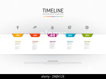 Vector light Infographic timeline template with horizontal white stripe and colorful tabs, years, icons and descriptions. Simple minimalistic time lin Stock Vector