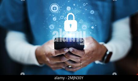 Nurse, hands or phone for medical cybersecurity lock, life insurance or healthcare data safety on internet. Zoom, doctor or futuristic hologram on Stock Photo