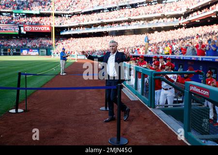 Former Philadelphia Phillies' Chase Utley reacts during a retirement  ceremony before a baseball game between the Philadelphia Phillies and the  Miami Marlins, Friday, June 21, 2019, in Philadelphia. Miami won 2-1. (AP