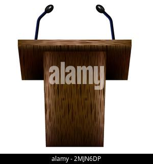 3D realistic empty wooden announcement lecture speech podium or pedestal stand with microphone isolated on white background. Vector illustration Stock Vector