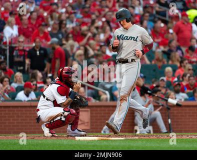 Miami Marlins' Jean Segura bats during the fifth inning of a baseball game  against the Cleveland Guardians, Sunday, April 23, 2023, in Cleveland. (AP  Photo/Nick Cammett Stock Photo - Alamy