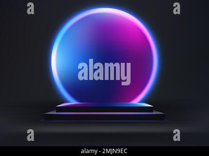 3D realistic empty black podium pedestal box stand with circles blue and pink glowing neon light on minimal wall scene dark background. Product displa Stock Vector