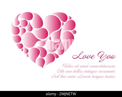 Minimalistic white valentine card template with pink gradient heart made from droplet shapes and place for your content text or wish. Simple love card Stock Vector