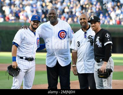 Sporting their World Series rings, Chicago White Sox catcher A.J.  Pierzynski, left, and third baseman Joe Crede, right, stand with former  teammate Aaron Rowand now playing with the Philadelphia Phillies, during the