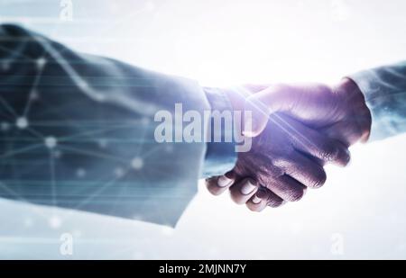 Doctors, people or handshake in future hospital, white background or futuristic collaboration in healthcare teamwork. Zoom, women or medical Stock Photo