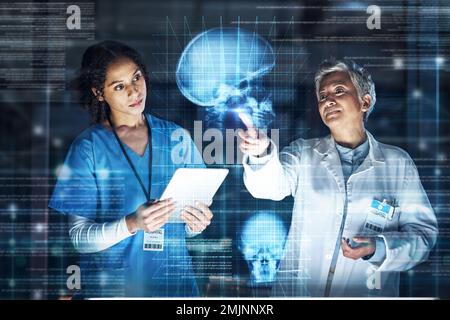 Doctors, tablet or healthcare of futuristic skull in brain cancer, mental health or fracture analytics in night hospital thinking. Abstract hologram Stock Photo