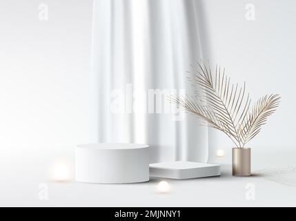 3D realistic elegant white cylinder, cube podium stand with white fabric curtain scene backdrop decoration light balls and golden vase palm leaves on Stock Vector