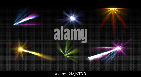 Bright light beams, laser rays, neon glow effect. Abstract flares, color flashes of disco ball, party lights with rays isolated on transparent backgro Stock Vector