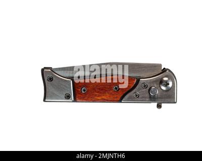 Folding knife with wooden handle isolated on white background Stock Photo