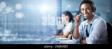 Crm, overlay or portrait of man in call center smiles with pride helping, talking or networking online. Mockup, hologram or happy insurance agent in Stock Photo