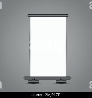 Roll-up banner stands isolated on transparent background. Vector empty white show display mockup for presentation or exhibition of your product. Vertical Stock Vector
