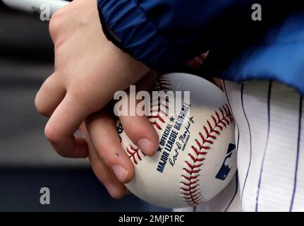 A baseball fan holds a ball as he waits to get an autograph from Chicago  White Sox's Jake Burger before a baseball game between the Kansas City  Royals and the Chicago White