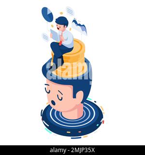 Flat 3d Isometric Businessman Sitting on Money Inside Head. Personal Finance Management and Financial Literacy concept. Stock Vector