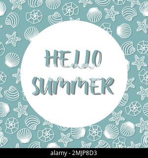 Vector ocean illustration with shell. Hello summer - modern lettering.Underwater marine animals.Ecology design for banner,flyer,postcard, website Stock Vector