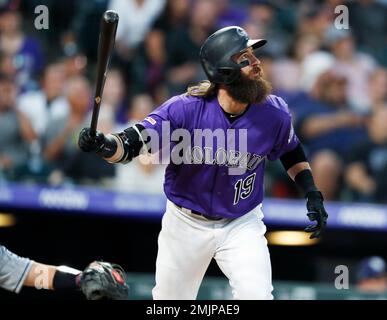 Colorado Rockies' Charlie Blackmon in the first inning of a baseball game  Monday, Aug. 14, 2023, in Denver. (AP Photo/David Zalubowski Stock Photo -  Alamy