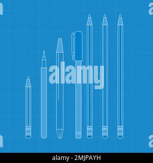 Blue stationery outline, vector illustration set Stock Vector