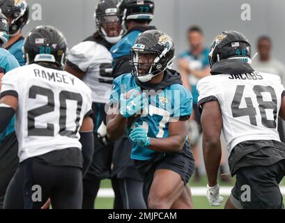 Jacksonville Jaguars cornerback Jalen Ramsey (20) talks to running back  Leonard Fournette (27) …