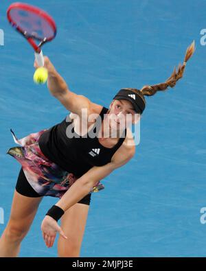 Melbourne, Australia. 28th Jan, 2023. 22nd seed ELENA RYBAKINA of Kazakhstan in action against 5th seed ARYNA SABALENKA of Belarus on Rod Laver Arena in a Women's Singles Final match on day 13 of the 2023 Australian Open in Melbourne, Australia. Sydney Low/Cal Sport Media/Alamy Live News Stock Photo